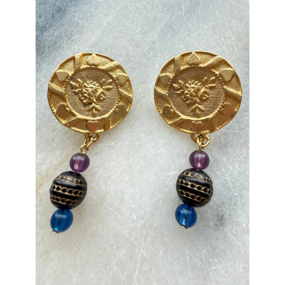 Vintage Gennaro Gold Tone Dangle Statement Pierced Earrings Flowers Hearts Beads